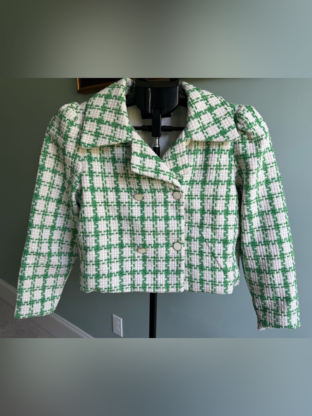 Fab'rik Green White & Gold Plaid Cropped Wool Blend Tweed Blazer Jacket Small